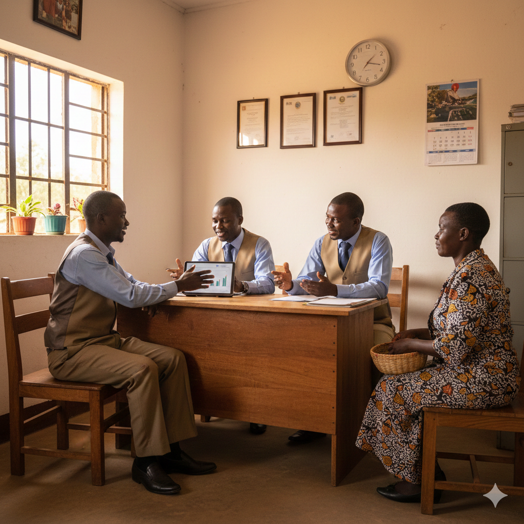 IOG staff member assisting a smiling elderly pensioner with dignity